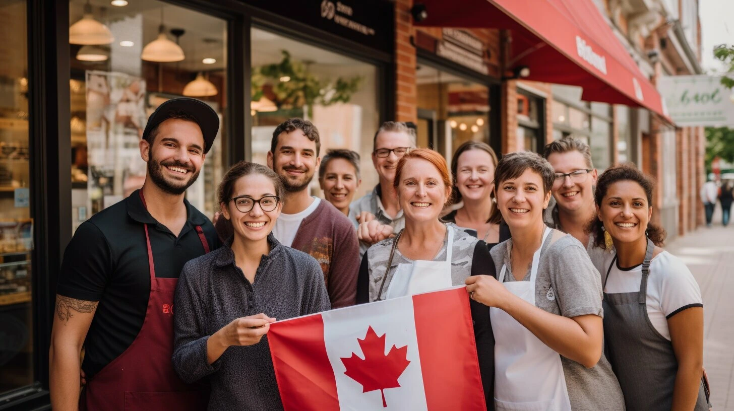 A group of people holding a Canadian flag in front of a small business for sale in Canada.
